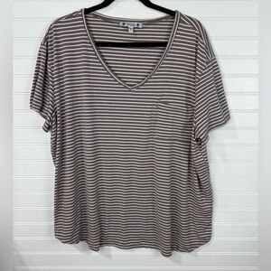 Wilde women’s v-neck taupe brown and white striped pocket tshirt. Size 3X